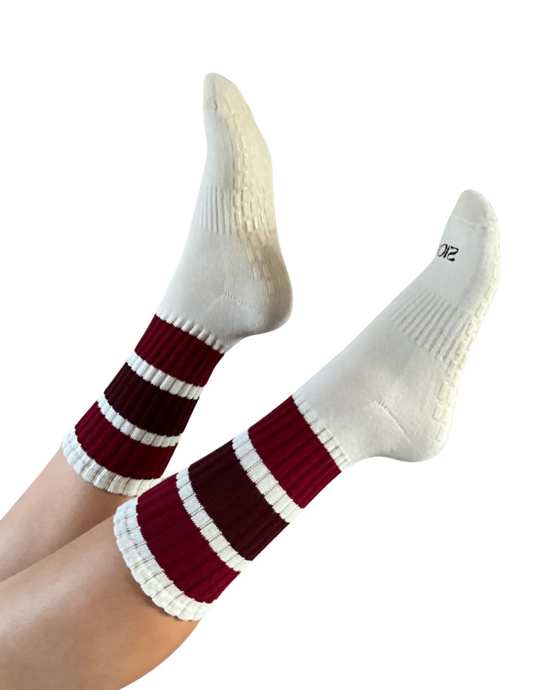 Ultimate Grip Stripey Slouch Socks - Cream and Burgundy