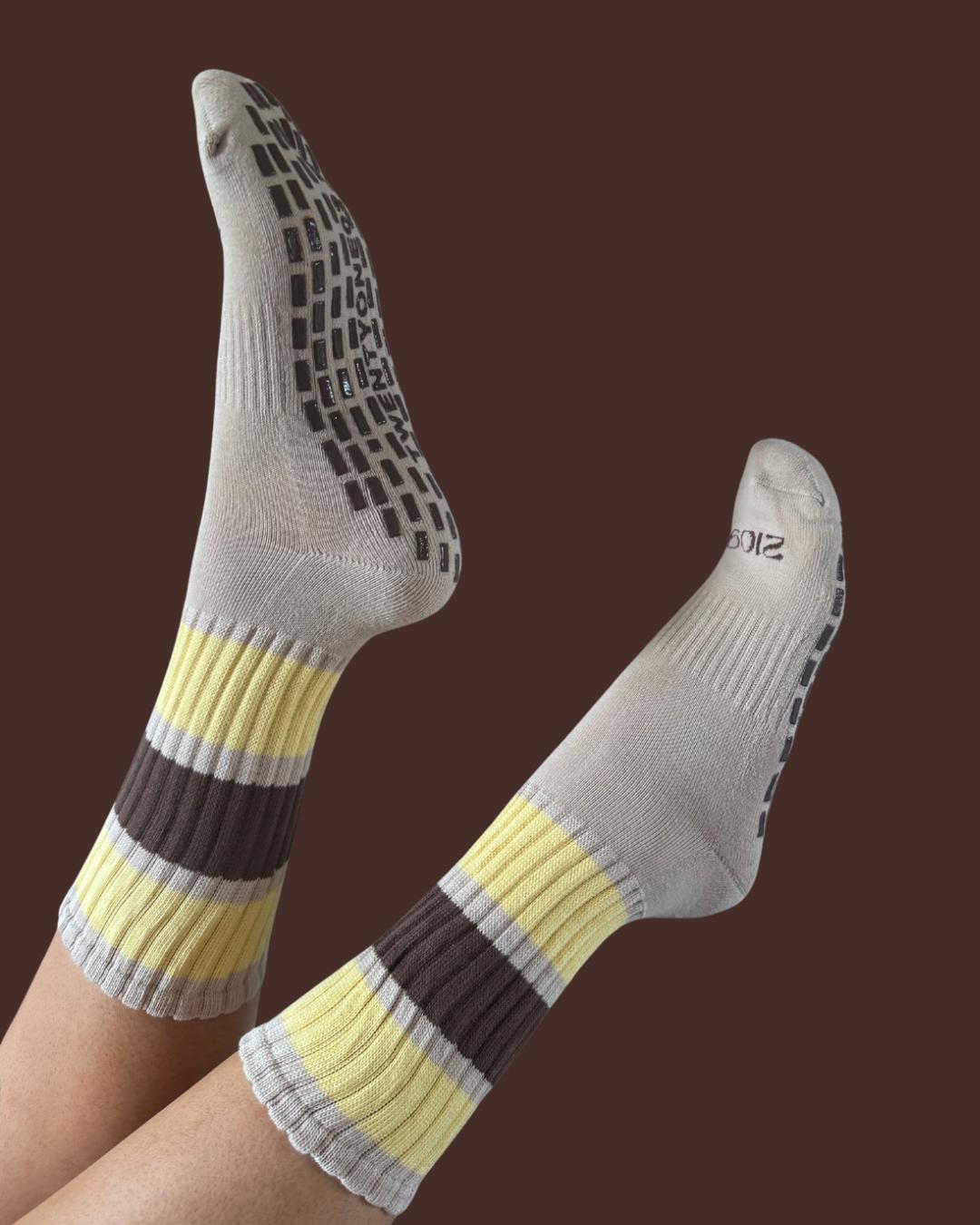 Ultimate Grip Stripey Slouch Socks - Coffee and Lemon