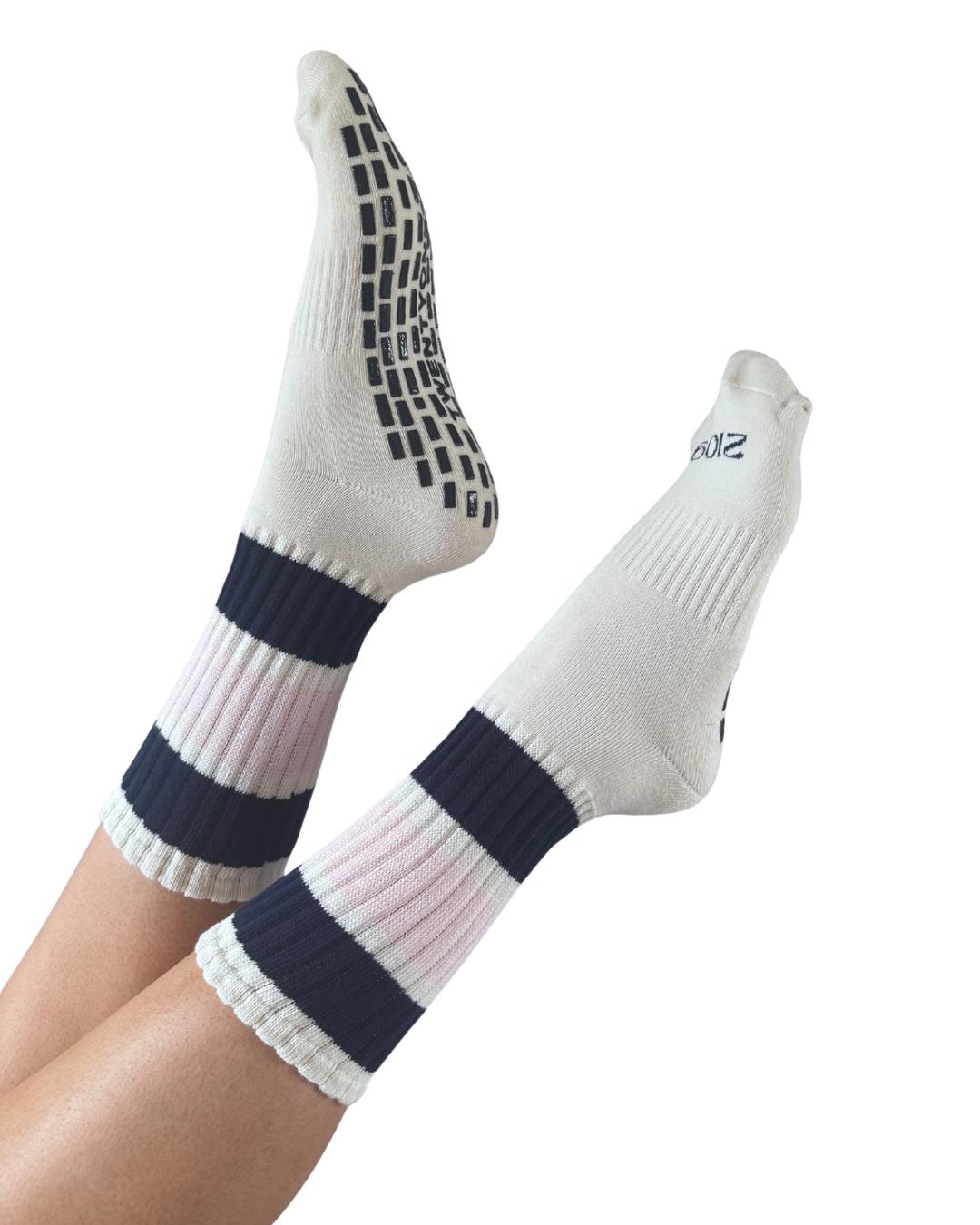 Ultimate Grip Stripey Slouch Socks - Navy Rose