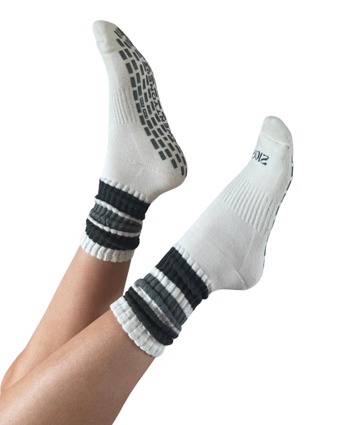Ultimate Grip Stripey Slouch Socks - Olive & Cream