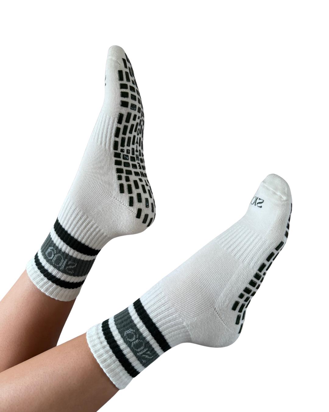 Ultimate Grip Crew Socks - White with Olive Stripes