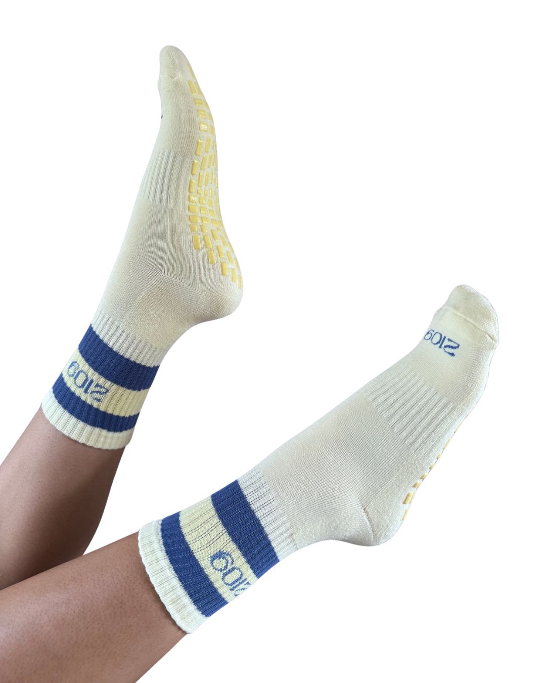 Ultimate Grip Crew Socks - Lemon with Powder Blue Stripe - Spring 2026 Collection