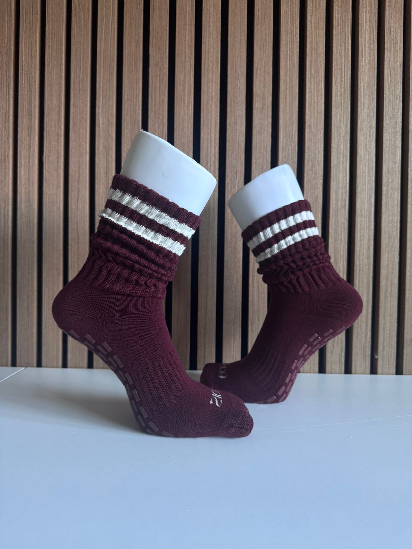 Ultimate Grip Stripey Slouch Socks - Burgundy with Cream
