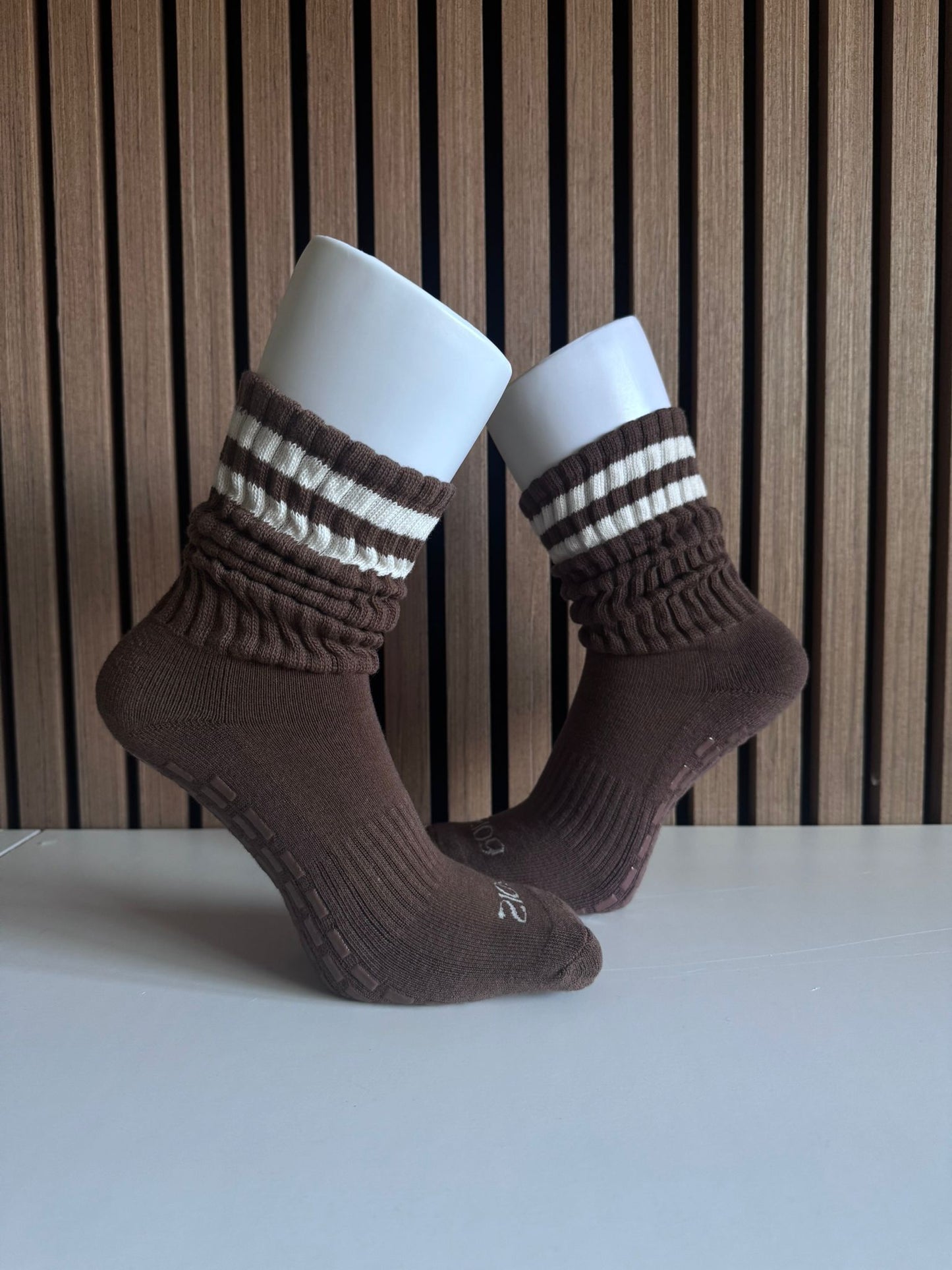 Ultimate Grip Stripey Slouch Socks - Forest Brown with Cream