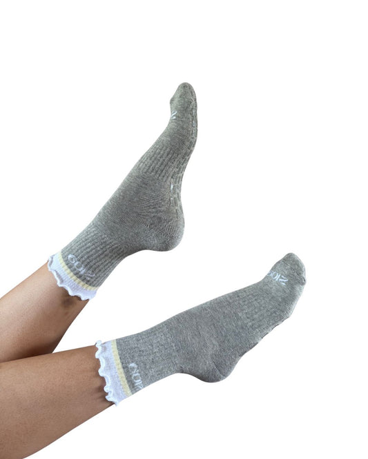 Ultimate Grip Ruffle Socks - Grey, Lemon & White Stripe