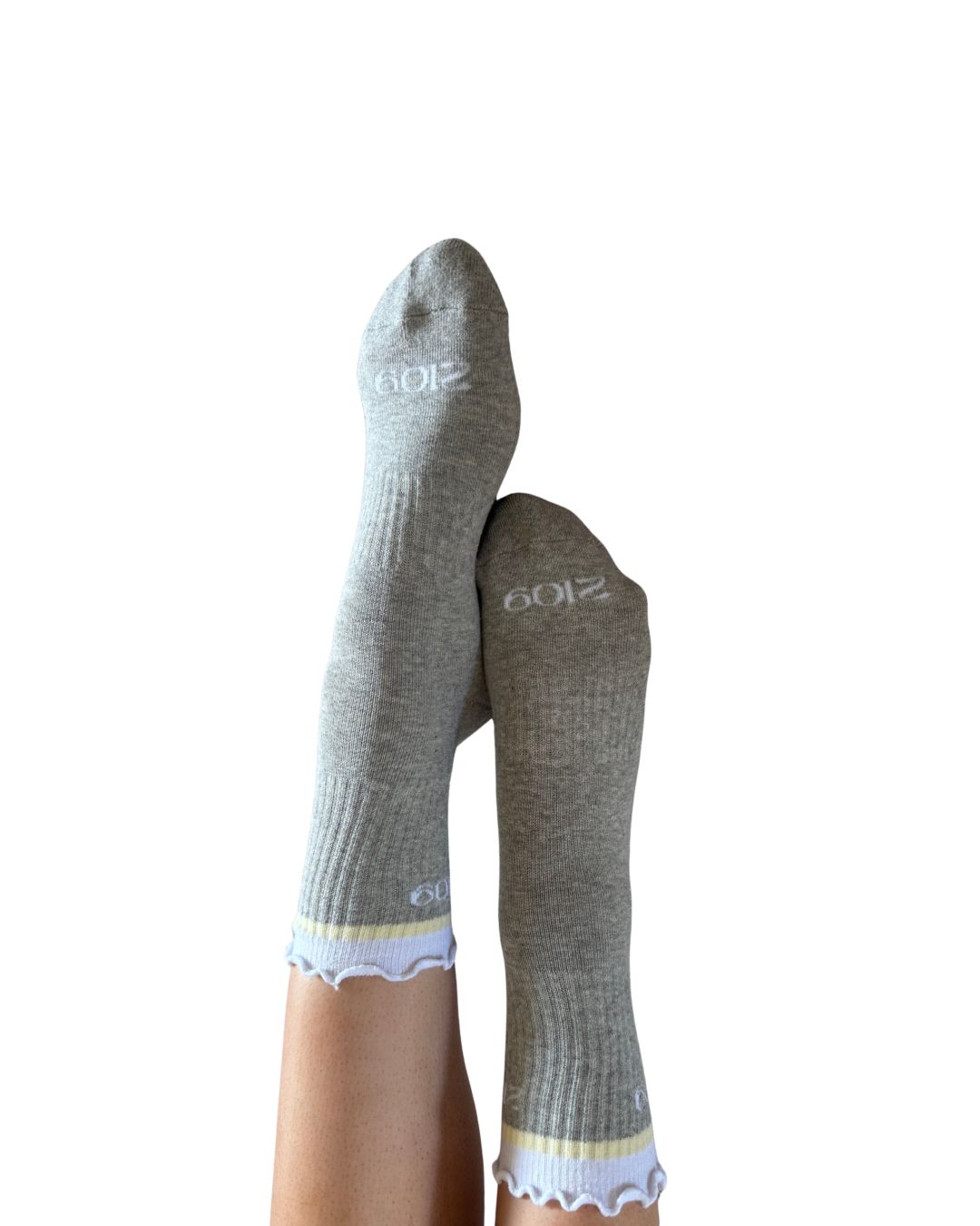 Ultimate Grip Ruffle Socks - Grey, Lemon & White Stripe