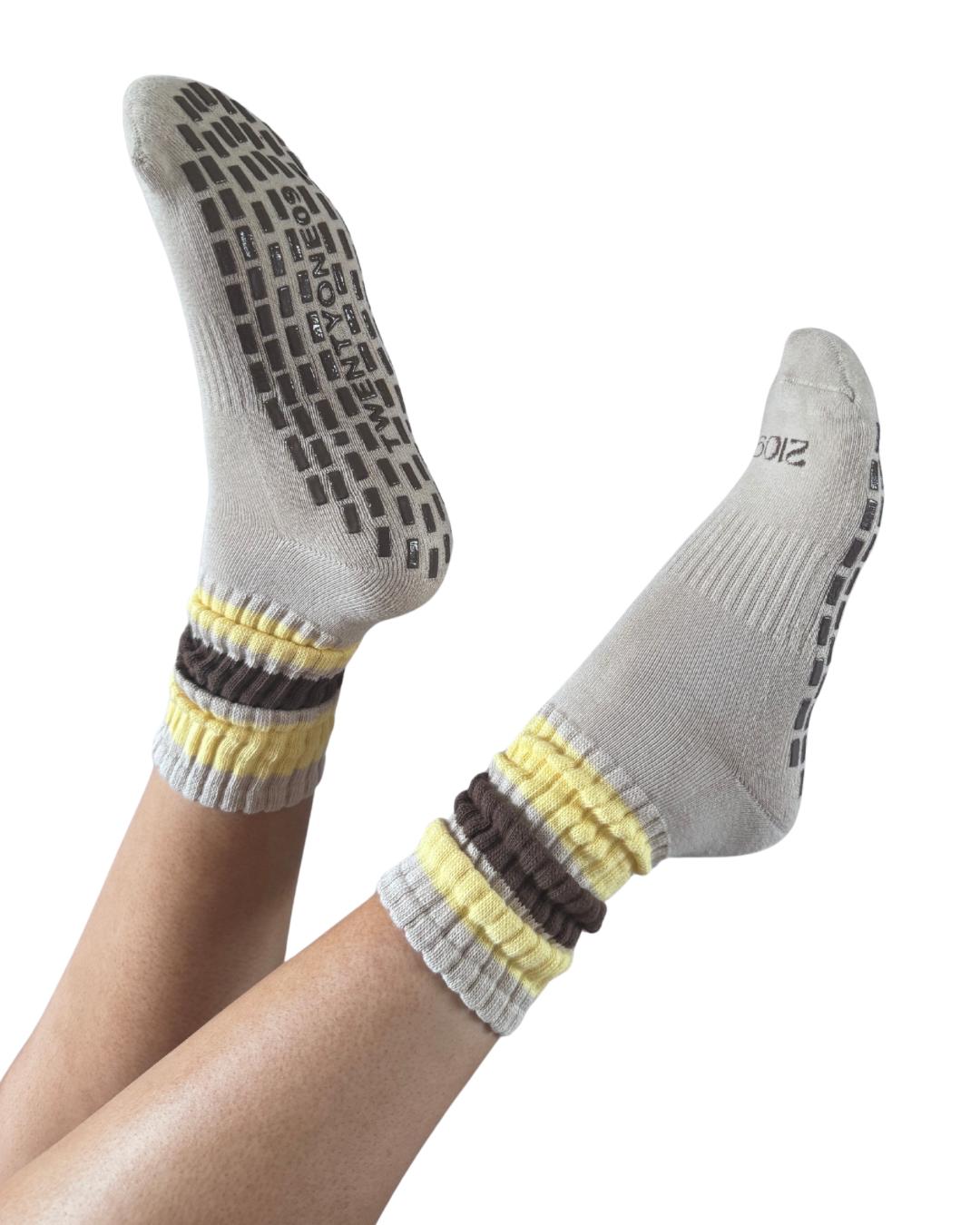 Ultimate Grip Stripey Slouch Socks - Coffee and Lemon