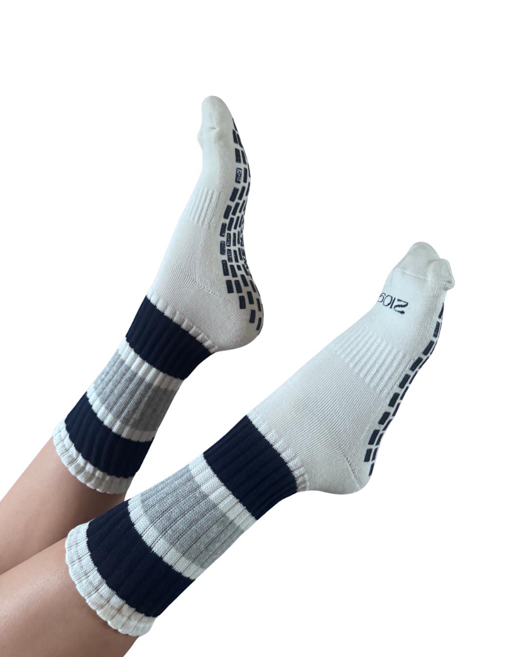 Ultimate Grip Stripey Slouch Socks - Cream, Navy & Grey