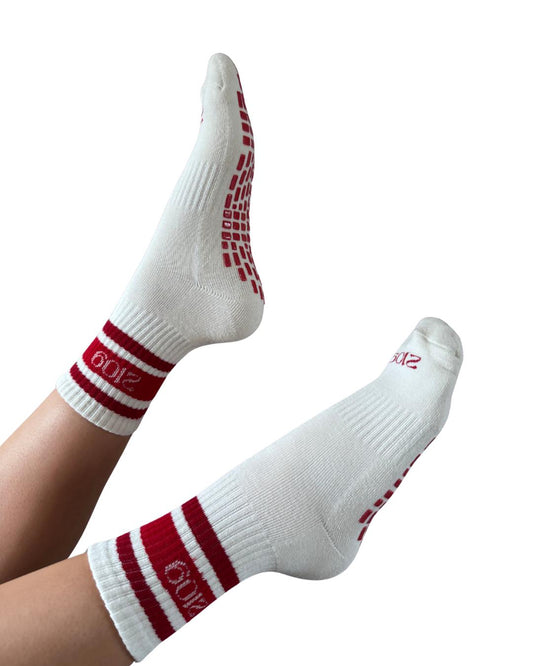 Ultimate Grip Crew Socks - White and Red Stripe