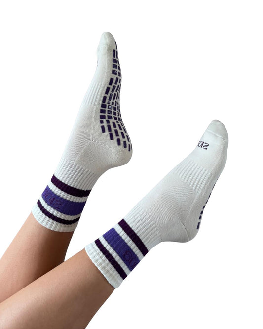 Ultimate Grip Crew Socks - White with Purple Stripes