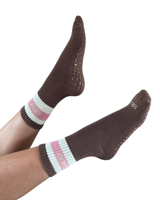 Ultimate Grip Crew Socks - Chocolate with Lemon and Blush Stripes - Spring 2026 Collection