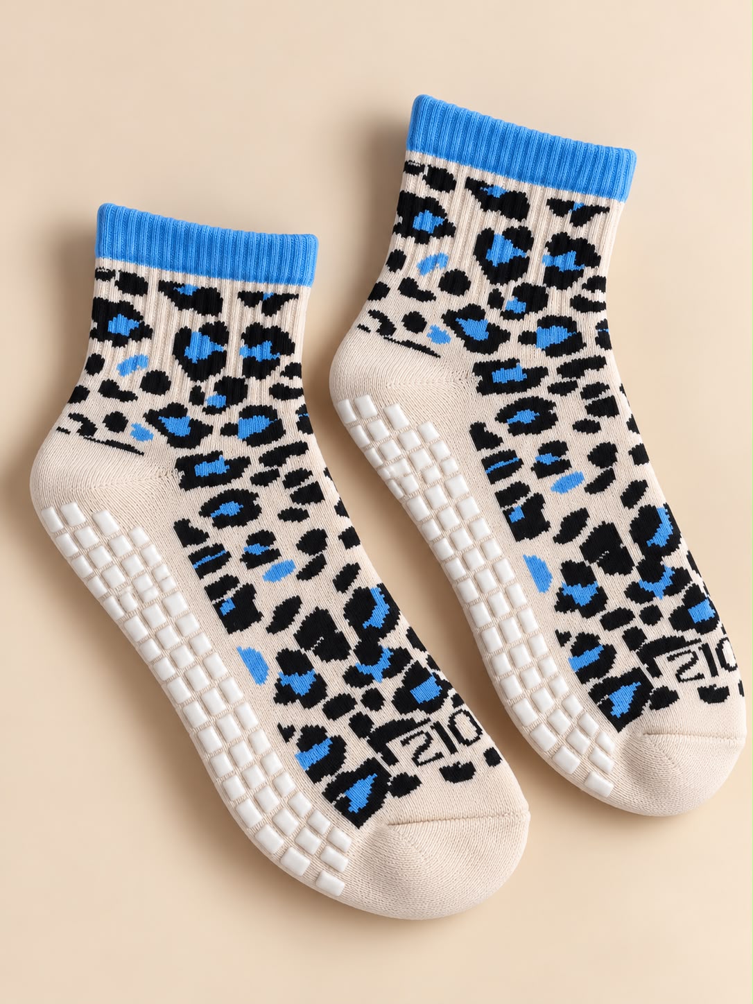 Ultimate Grip Mid Length Crew Socks - Leopard Print Electric Blue