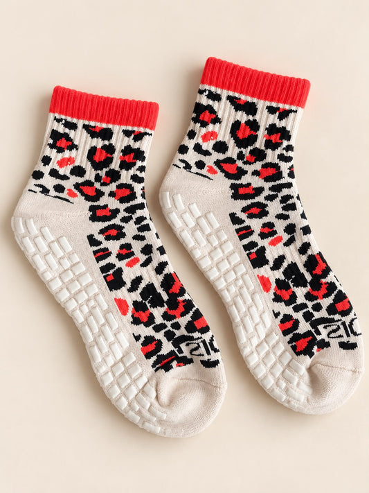 Ultimate Grip Mid Length Crew Socks - Leopard Print Hot Coral