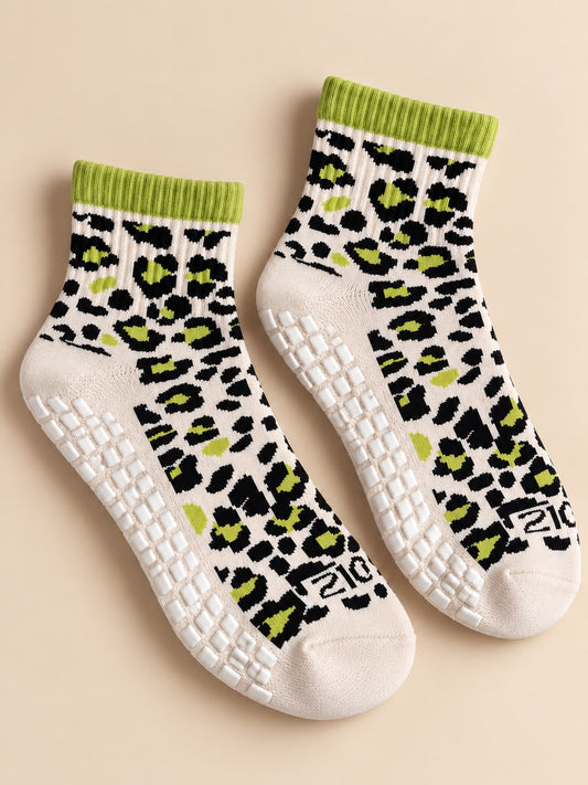 Ultimate Grip Mid Length Crew Socks - Leopard Print Lime Rush