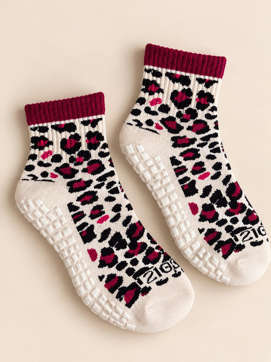 Ultimate Grip Mid Length Crew Socks - Leopard Print Wild Berry