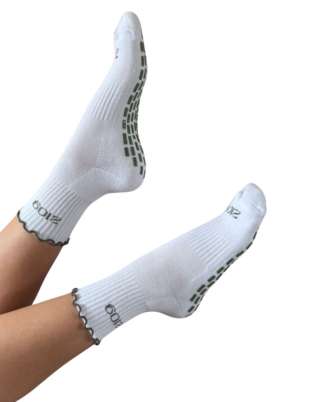 Ultimate Grip Ruffle Socks - White & Olive