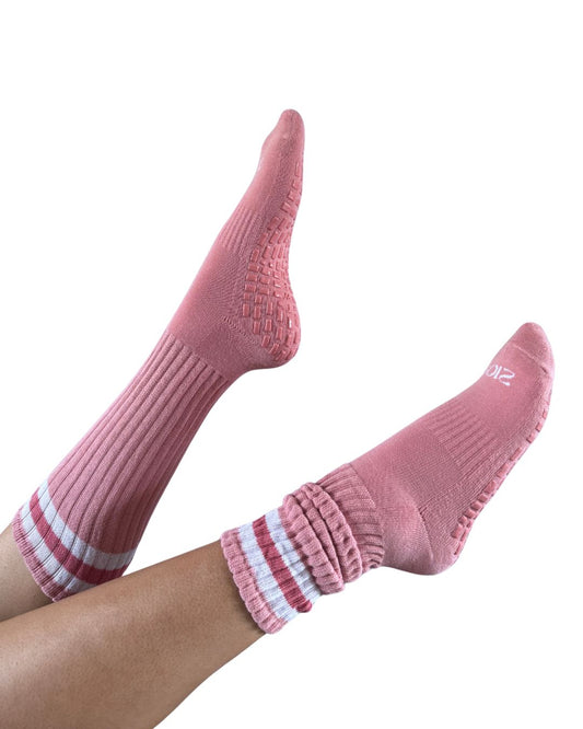 Ultimate Grip Stripey Slouch Socks - Blush Pink with White Stripes - Spring 2026 Collection