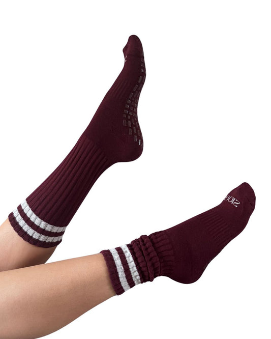 Ultimate Grip Stripey Slouch Socks - Burgundy with Cream