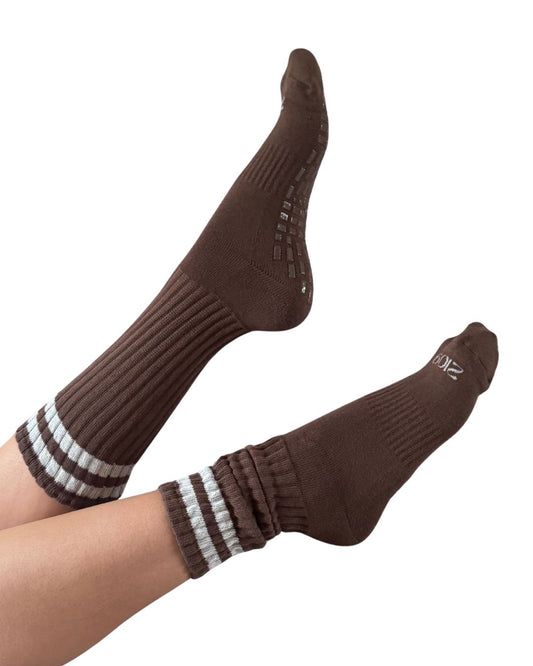 Ultimate Grip Stripey Slouch Socks - Forest Brown with Cream