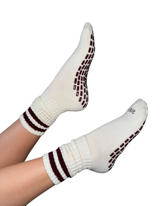 Ultimate Grip Stripey Slouch Socks - Cream and Burgundy