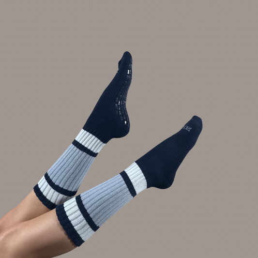 Ultimate Grip Stripey Slouch Socks - Navy, Grey & White