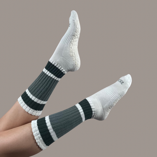 Ultimate Grip Stripey Slouch Socks - Olive & Cream