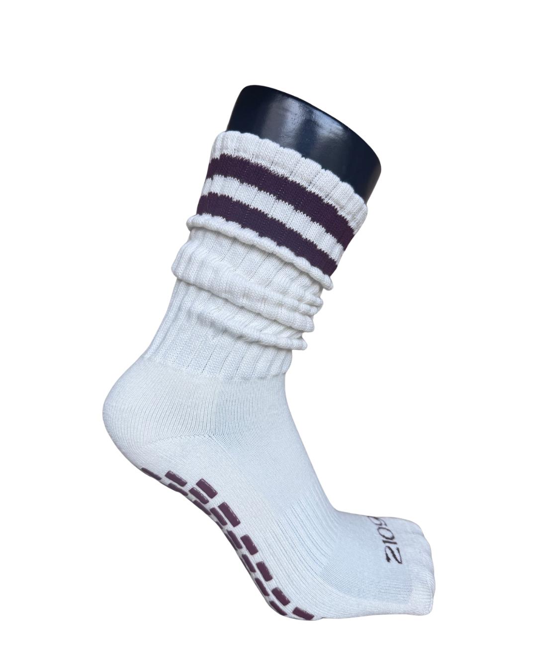 Ultimate Grip Stripey Slouch Socks - Cream and Burgundy