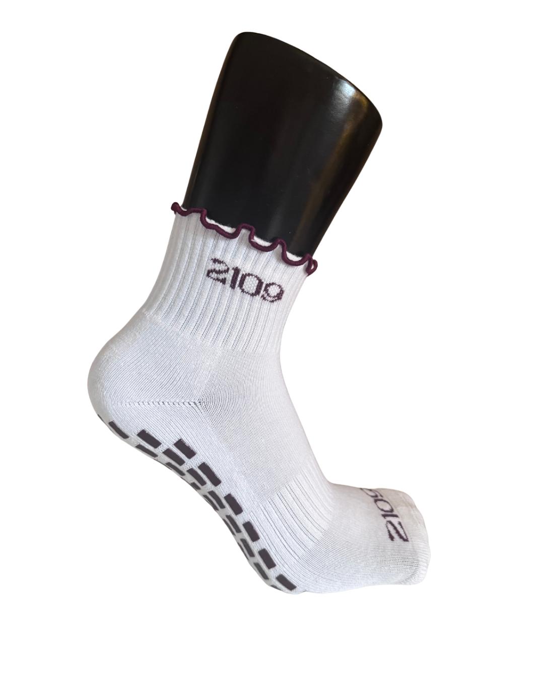 Ultimate Grip Ruffle Socks - White and Burgundy