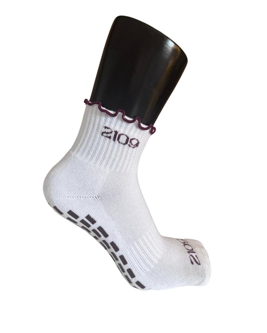 Ultimate Grip Ruffle Socks - White and Burgundy